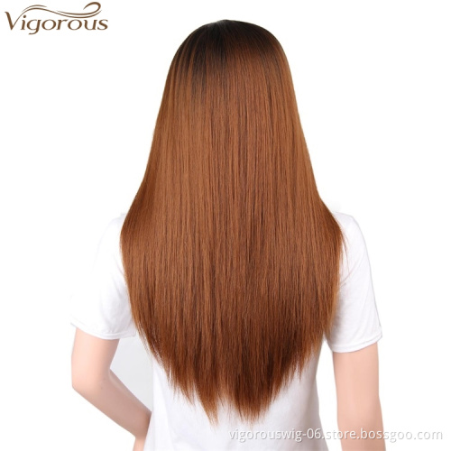 Vigorous Long Smooth Silky Straight Wig Brown Mixed Brown Ombre Wig Dark Root Synthetic High Temperature Hair Wig for Women
